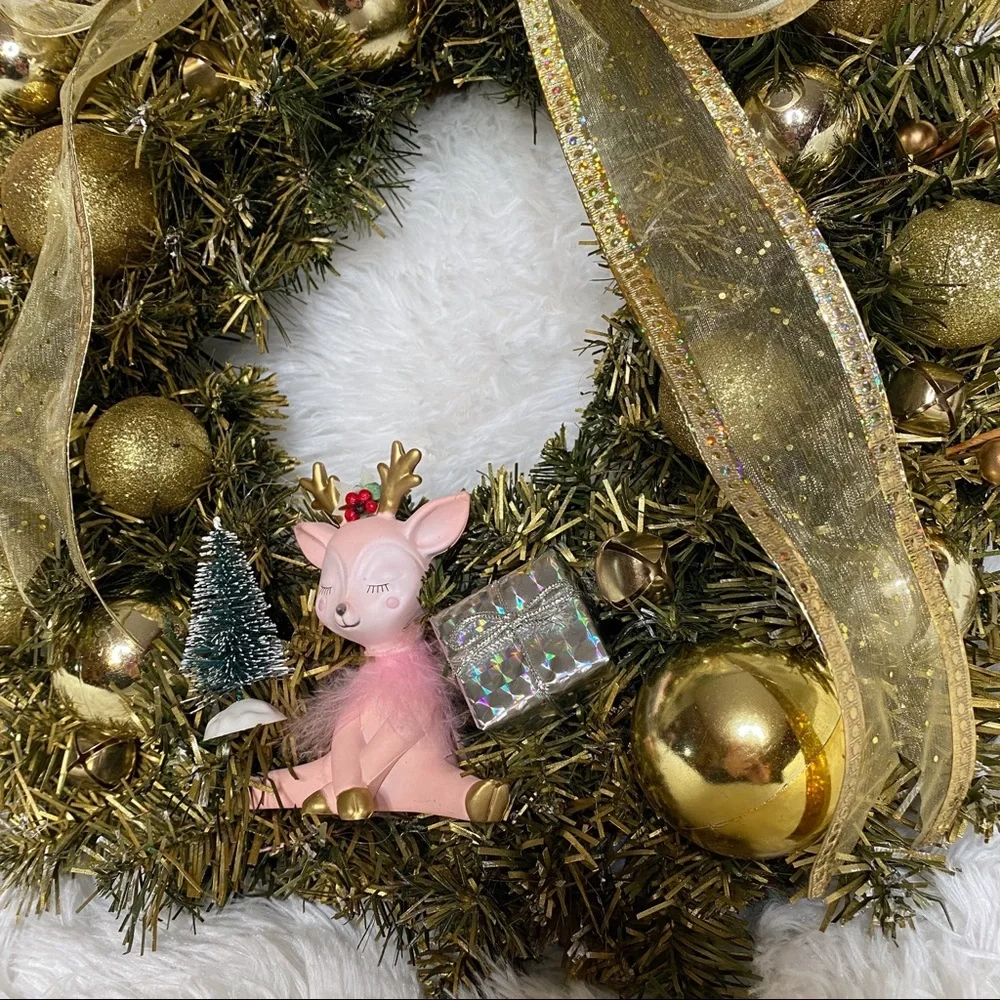 New Handmade Holiday Gold & Pink Retro Deer Hanging Door Wreath